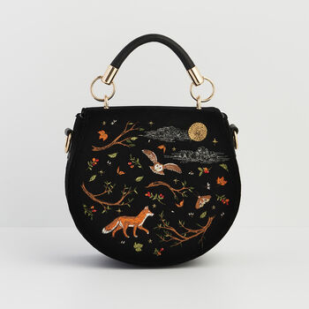 Fox And Owl Embroidered Black Top Handle Saddle Bag, 2 of 9