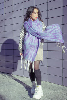 Lilac Blue Leopard Print Warm Two Tone Scarf, 3 of 8