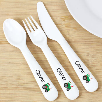 Personalised Tractor Three Piece Plastic Cutlery Set, 3 of 4