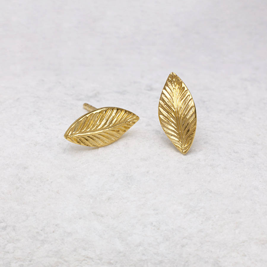 18ct gold vermeil leaf stud earrings by sharon mills london