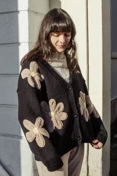 Black Crochet Applique Brown Floral Cardigan, 5 of 10