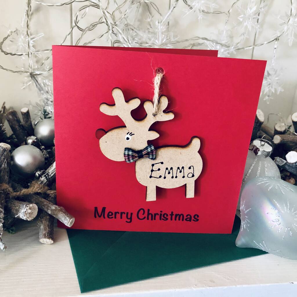 Personalised Reindeer Christmas Card Wooden Decoration, 1 of 9