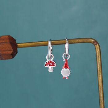Mismatched Gnome And Mushroom Huggie Hoop Earrings In Sterling Silver, 5 of 12