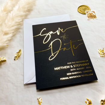 Save The Date Black And Gold Foil Wedding Invites, 6 of 8