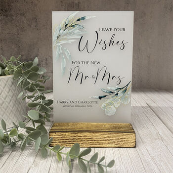Botanical Personalised Leave Your Wishes Acrylic Sign Opaque A5 Wedding Guest Book Sign, 6 of 6