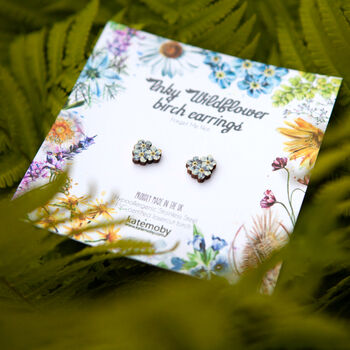Inky Forget Me Not Cluster Birch Stud Earrings, 3 of 10