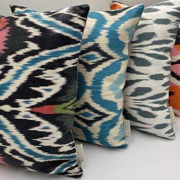 Square Ikat Silk Cushion Pink And Black Tulip, 4 of 6