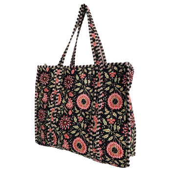 Black And Pink Flower Cotton Quilted Shoulder Bag With Zip, 2 of 6