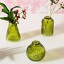 Set Of Three Olive Glass Bud Vases, thumbnail 1 of 3