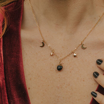 Gold Plated Black Obsidian Moon And Stars Necklace, 2 of 5