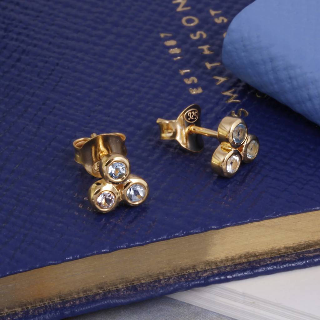 Triple Gemstone Stud Earrings With Aquamarine, 1 of 3