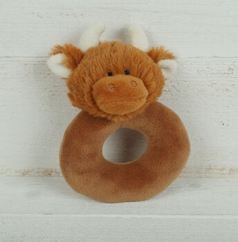 Personalised Highland Brown Cow Baby Rattle, 2 of 8