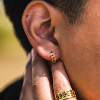 Silver Origin Black Patterned Huggie Hoop Earring For Men, 3 of 5