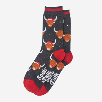 Highland Cow Santa Hat Christmas Bamboo Socks Black Marl Red, 4 of 4