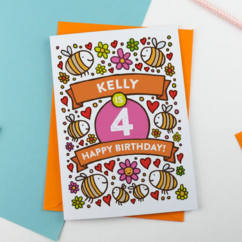 Personalised Bee's Illustrated 4th Birthday Card, 2 of 2