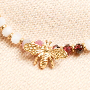 Semi Precious Burgundy Beaded Bee Charm Bracelet In Gold Plating, 2 of 4