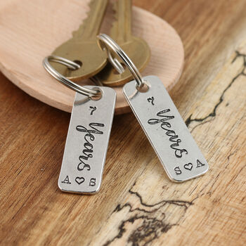 7th Anniversary Couples Gift Pair Of Personalised Pewter Keyrings, 8 of 8