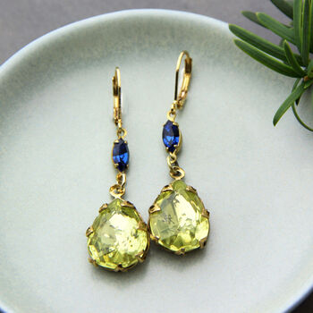 Statement Lime Green And Blue Rhinestone Drop Earrings, 4 of 8