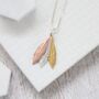 Mini Trio Feather Necklace, Silver Rose And Gold, thumbnail 1 of 3