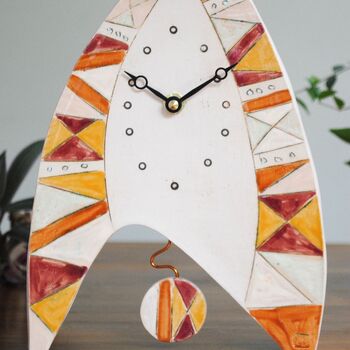 Handmade Ceramic Large Mantel Clock In Bright Warm Colours. Geometric Design. Triangle Patterns, 4 of 8