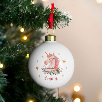 Baby Girl’s First Christmas Bauble Personalised Unicorn Xmas Ornament, 4 of 5