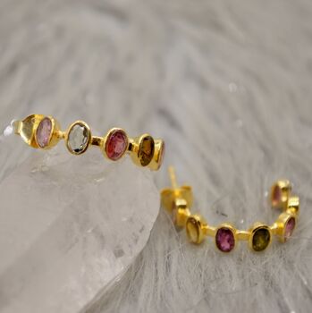 Pink Green Tourmaline Silver Hoop Earrings, 5 of 12