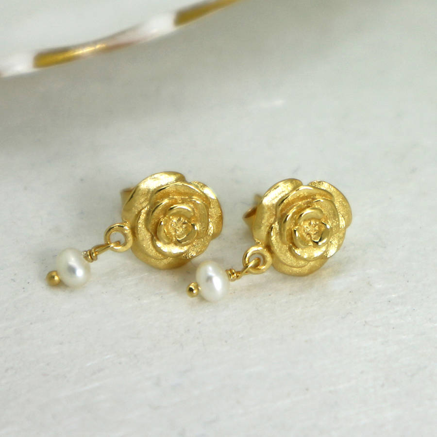 Gold Rose Stud Earrings With Freshwater Pearls By Faith Tavender