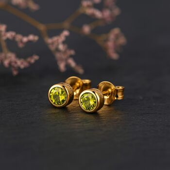 Gold Plated Sterling Silver August Peridot Birthstone Stud Earrings, 3 of 5