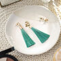 Gold Plate And Forest Green Tassel Drop Earrings, thumbnail 1 of 3