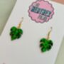 Green Glitter Monstera Leaf Resin Earrings / Crazy Plant Lady Gift / Tropical Leaf Statement Earrings, thumbnail 5 of 5