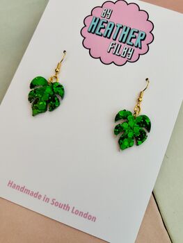 Green Glitter Monstera Leaf Resin Earrings / Crazy Plant Lady Gift / Tropical Leaf Statement Earrings, 5 of 5