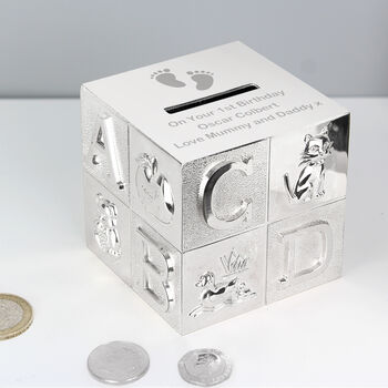 Personalised Footprints Abc Money Box – Christening Or New Baby Gift, 2 of 4