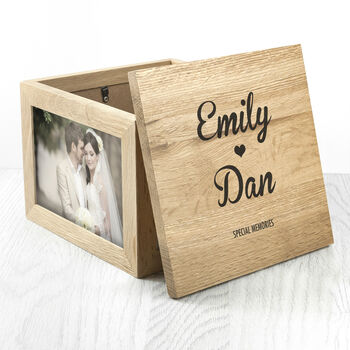 Personalised Couple's Heart Oak Photo Keepsake Box, 2 of 6