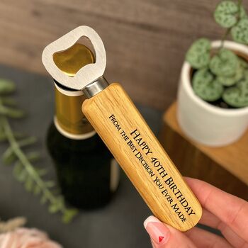 Personalised Wooden Bottle Opener For 40th Birthday Gift, 2 of 3