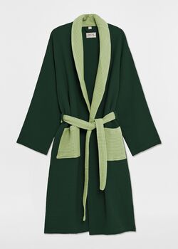 Dark Green Two Tone Unisex Waffle Bathrobe, 2 of 6