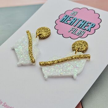 Bathtub Glitter Earrings / Self Care Statement Dangles / Spa Theme Novelty Jewellery / Gift For Bath Lovers, 4 of 5