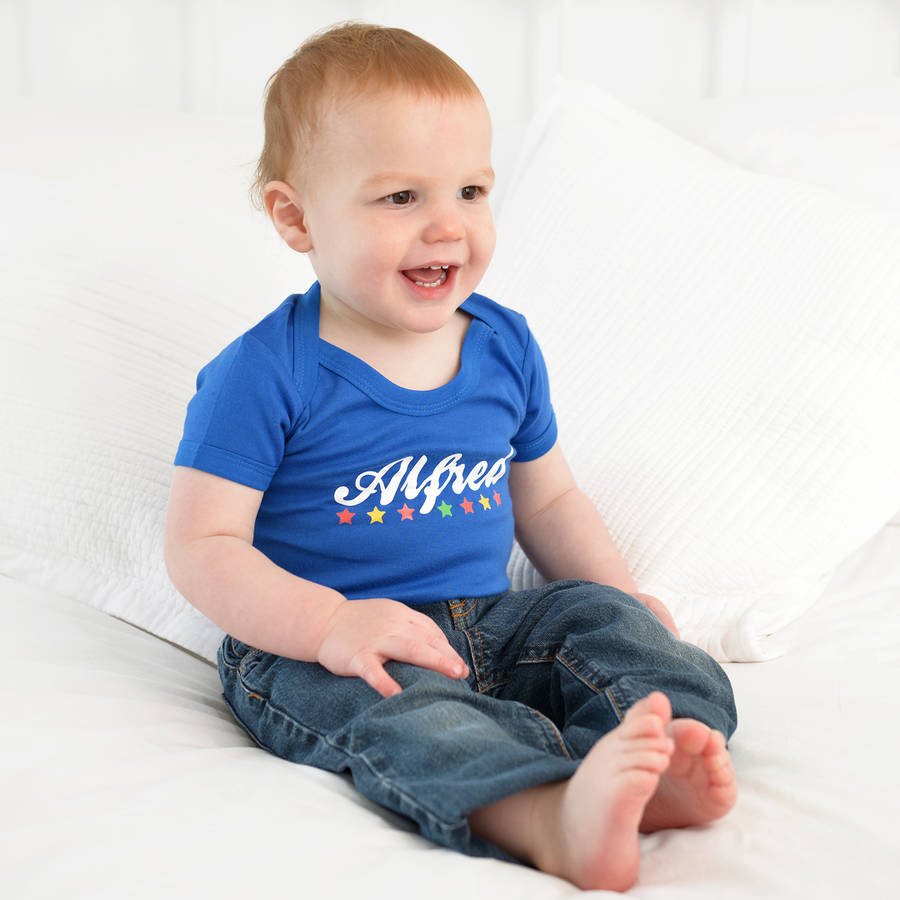 personalised baby grow vest in blue by a type of design