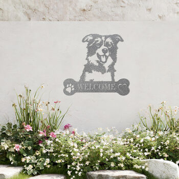 Customisable Border Collie Welcome Metal Wall Art Sign For Home And Garden Decor, 10 of 11