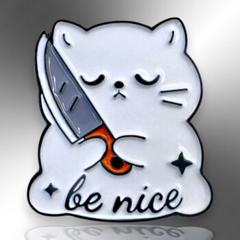 Be Nice Cartoon White Kawaii Cat With Knife Enamel Pin Badge, 3 of 8