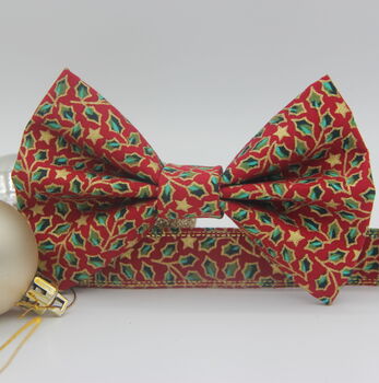 Red And Gold Holly Christmas Dog Bow Tie, 6 of 12