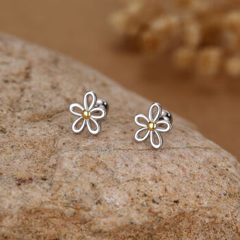 Sterling Silver Two Tone Daisy 18 G Screw Back Earrings, 5 of 10
