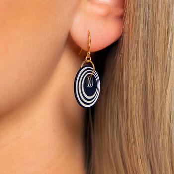 Dark Navy And Pearlescent White Geometric Circular Earrings • Gold Plated Sterling Silver Hooks, 4 of 9