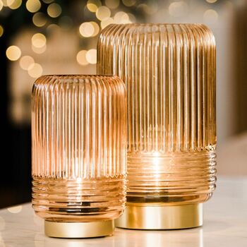 Cordless Tan Ribbed Glass Lamps, 6 of 11