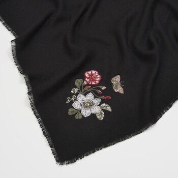 Floral Embroidered Black Pashmina Scarf, 2 of 3