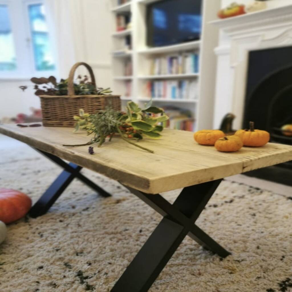 Reclaimed Wood Coffee Table With X Legs By Plane & Sanded