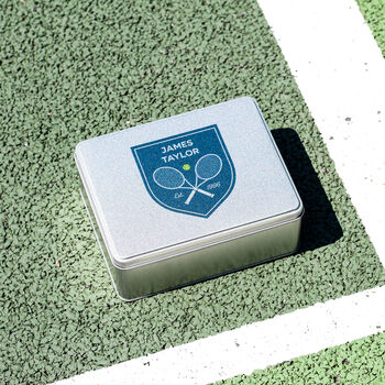 Personalised Tennis Shield Tin With Hip Flask Gift For Him, 7 of 8