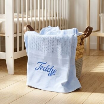 Personalised Blue Cellular Baby Blanket Embroidered, 2 of 11