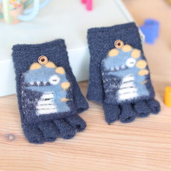 Kids’ 'DinoRex' Flip Over Mitten Cap Gloves – Soft Fuzzy Yarn Knit, 7 of 12