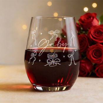 Bows And Hearts Valentine's Or Anniversary Stemless Glass With Red Heart Gift Set, 3 of 7