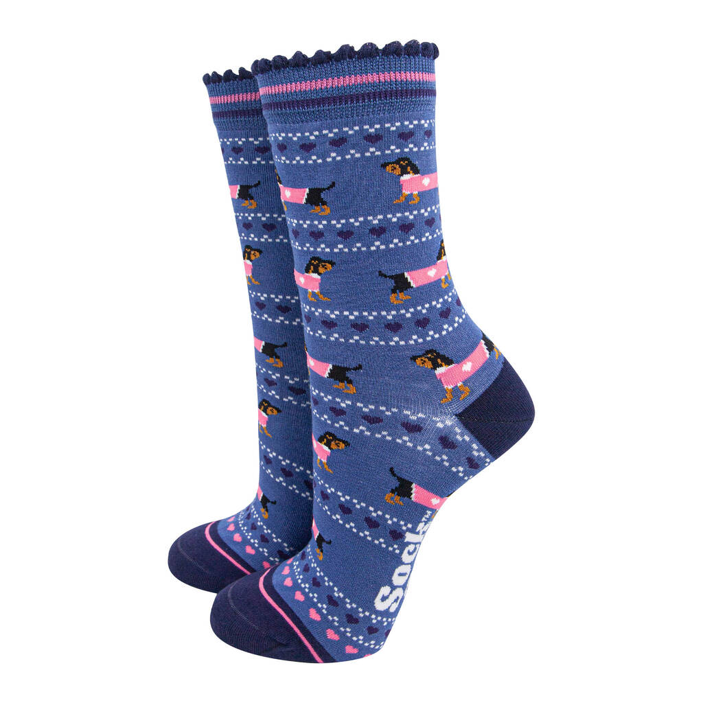 Sausage Dog Fair Isle Bamboo Ankle Socks Women's Blue Pink, 1 of 3